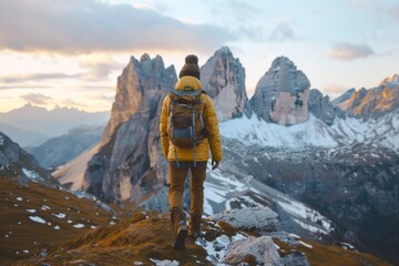 Wall Mural - A person standing on top of a mountain with a backpack, great for outdoor and adventure themes