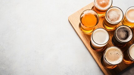 A close-up view of a wooden beer tasting board with various craft beers poured into small glasses, placed on a light solid color background