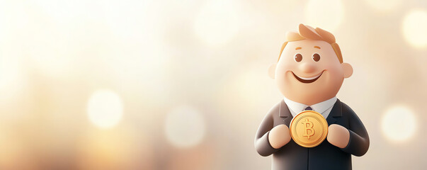 A cheerful businessman figurine holding a medal, symbolizing success and achievement in a warm, blurred background.