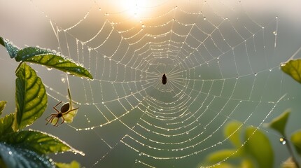 A delicate, intricately patterned spider's web, glistening with morning dew, radiates from the center, with fine, silken threads that shimmer and sparkle in the soft, golden light of dawn, surrounded 
