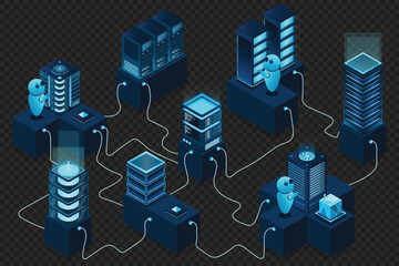 Wall Mural - 3d isometric concept big data center with server. cloud computing. network mainframe infrastructure.