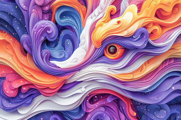 Wall Mural - Eye gazing out from colorful papercraft swirls abstract background