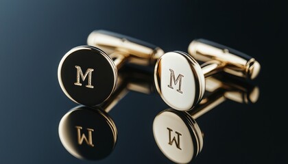 Close-up of refined cufflinks with personalized initials and a sleek polished surface, isolated on a minimalist background, perfect for branding purposes