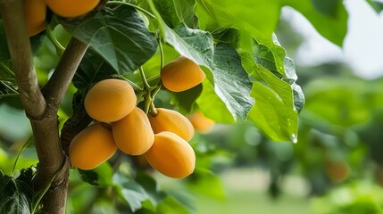  A tree laden with numerous ripe apricots atop a green-leafed tree, brimming with apricots