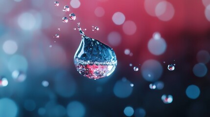 Wall Mural -  A macro shot of a solitary water droplet against a backdrop of red and blue (Or, A macrobique image of a water droplet hovering above a red