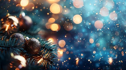 Blue New Year background with sparkling lights and festive decorations creating a joyful atmosphere