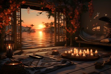 Wall Mural - 3d illustration of a beautiful sunset over the sea with candles in the foreground