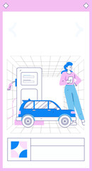 Wall Mural - Vector Internet operation hand-drawn illustration of people getting discounts for refueling their cars
