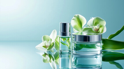 Orchid and Perfume: A serene composition featuring delicate white orchids and elegant glass perfume bottles, reflecting on a shimmering blue surface. 