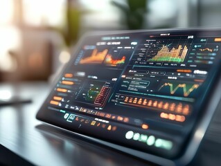 Wall Mural - close-up of an interactive data analytics dashboard displayed on a tablet in a contemporary office s