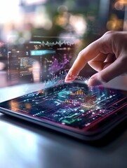 Wall Mural - close-up of a finger interacting with a holographic data visualization displayed on a tablet in a fu