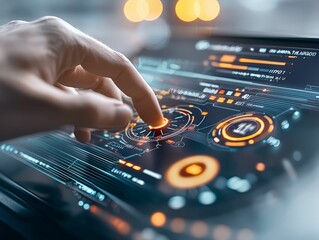 Wall Mural - close-up of a hand interacting with a futuristic touch screen interface displaying data controls and