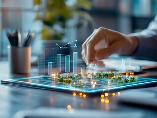Wall Mural - a hand interacts with a holographic urban planning interface displaying environmental data and 3d mo