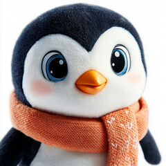 Wall Mural - Cuddly Penguin in Winter Scarf: A close-up portrait of a plush penguin wearing a cozy orange scarf, capturing the soft, endearing charm of this beloved winter animal.  