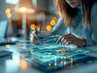 Wall Mural - close-up of a woman interacting with a holographic data and analytics interface in a modern office s