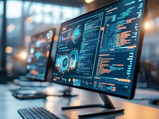 Wall Mural - close-up of multiple monitors displaying data analytics and code in a high-tech office environment, 