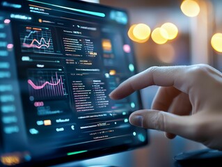 Wall Mural - close-up of a hand interacting with a digital data analytics dashboard on a high-tech touch screen, 