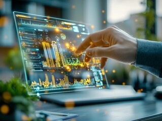 Wall Mural - close-up of a hand interacting with an advanced holographic data interface displaying financial anal