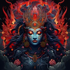 Wall Mural - A vibrant depiction of a goddess surrounded by flames and lotus flowers, symbolizing power.