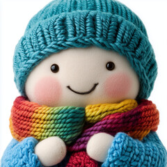 Wall Mural - Rainbow Warmth: Adorable handmade doll with a bright rainbow scarf and a cheerful smile, radiating warmth and comfort. Perfect for crafts, childhood, and winter themes. 