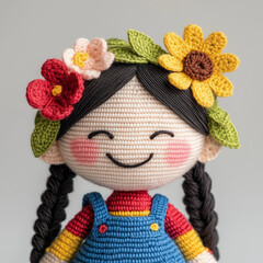 Wall Mural - Happy Crochet Doll with Flower Crown: Close-up portrait of a handmade crochet doll with a vibrant floral crown, featuring a cheerful smile and rosy cheeks. 