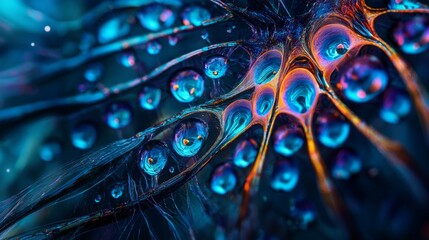 Wall Mural -  A close-up of a peacock's feathers, adorned with water droplets, displays multicolored hues