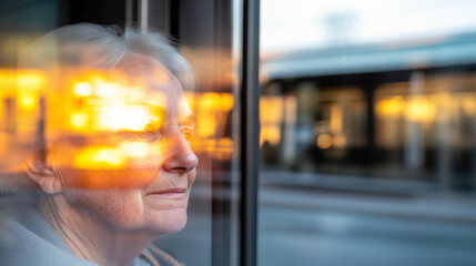 Wall Mural - A woman is looking out the window of a train