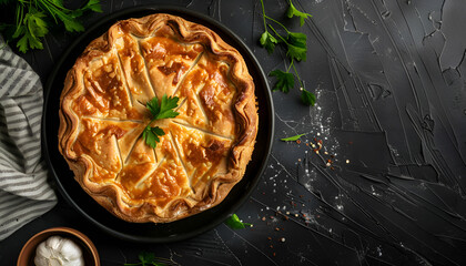 Tasty leek pie on dark textured table, top view. Space for text