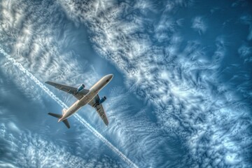 Aircraft soaring through a bright blue sky with clouds, suitable for travel or adventure themes