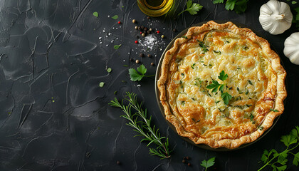 Sticker - Tasty leek pie on dark textured table, top view. Space for text