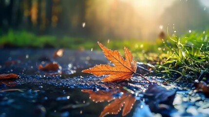  A leaf floats on a puddle, adjacent to a field of green grass and trees