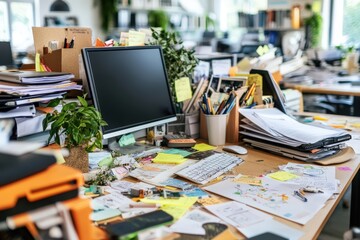 A cluttered office desk filled with sticky notes, papers, and a computer monitor, indicating a busy and possibly disorganized workspace with various items scattered around.