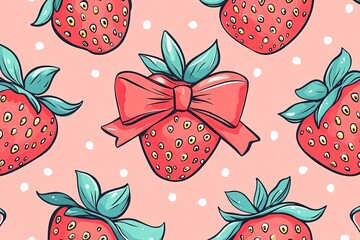 Seamless Strawberry pattern with bow in cartoon style. Cute trendy design. Vector funky illustration. Ballet-core, coquette-core background.  Generative Ai