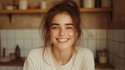 Poster - A woman with brown hair and a smile on her face. She is wearing a white shirt and has her hair in a bun