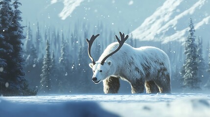 Wall Mural - A majestic polar bear with antlers stands in a snowy forest.