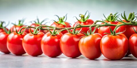 Sticker - Fresh red ripe tomatoes on the vine isolated on background, tomato, ripe, red, fresh, vine, organic, juicy, food, agriculture