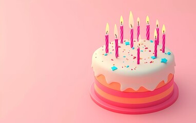 Wall Mural - 3D cartoon-style, isometric birthday cake with candles on a pink background