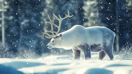 Wall Mural - a majestic white polar bear with large antlers walks through a snowy forest.
