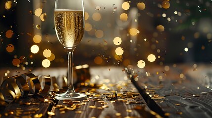 Elegant Happy New Year greeting card with a glass of champagne, gold serpentine, and scattered confetti on a wooden table