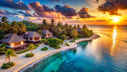 Tropical beach resort with luxurious villas and pristine waters at sunset, tropical, beach, resort, villas