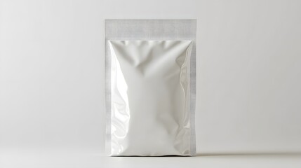 White blank foil doypack mockup, top view isolated on a light background with soft shadows and natural lighting. Realistic texture for packaging design presentation of coffee or other products.