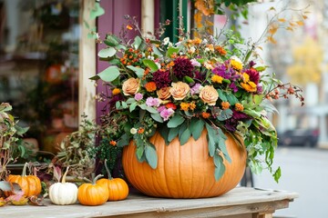 Sticker - Halloween bouquet of fresh flowers in a pumpkin