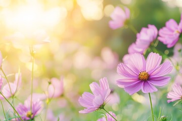 Poster - The details and texture of two pink cosmos flowers are shown in a macro closeup