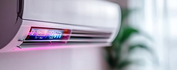 Air conditioner with energy usage displayed on a digital screen, eco-friendly, modern design