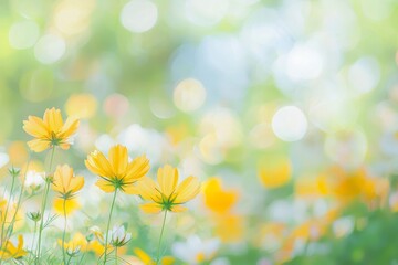 Wall Mural - A close-up image of a beautiful yellow flower against a purple blue sky blur landscape in the outdoors