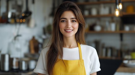 Poster - A woman in a yellow apron is smiling in front of a kitchen. The kitchen is well-equipped with various appliances and utensils, including a refrigerator, oven, and a sink. The woman is a chef or a cook