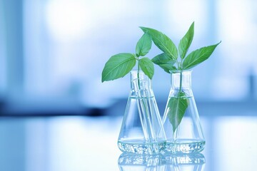 Aufkleber - A green leaf in a biotechnology science lab with a flask beaker cylinder and water in a blue background