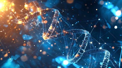 Leinwandbilder - The dna helix is glowing with blue particles over a dark blue background. This is a concept related to genetics, science and medicine. Biotechnology. 3D rendering of a copy space toned image.