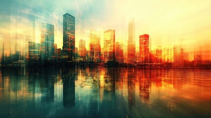 Wall Mural - A vibrant city skyline reflecting on water, showcasing abstract colors of orange, blue, and green in a dynamic atmosphere.