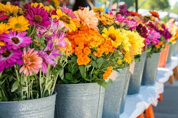 Leinwandbilder - In Boulder, Colorado, fresh cut flowers are displayed at a farmers market